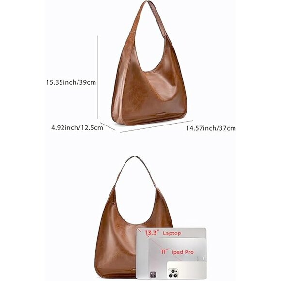 Newbella Women's Brown Soft PU Leather Shoulder Tote Hobo Purses with Zipper - Picture 5 of 9